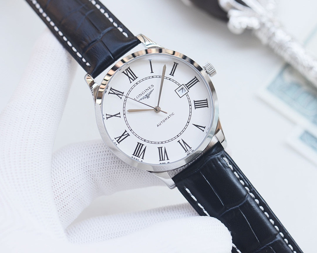 Longines wristwatch with white dial and Roman numerals, silver case, dark leather strap