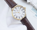 Longines wristwatch with gold-tone bezel, white dial, Roman numerals, dark brown leather strap