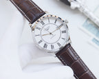 Longines wristwatch with white dial, Roman numerals, silver case, dark brown leather strap