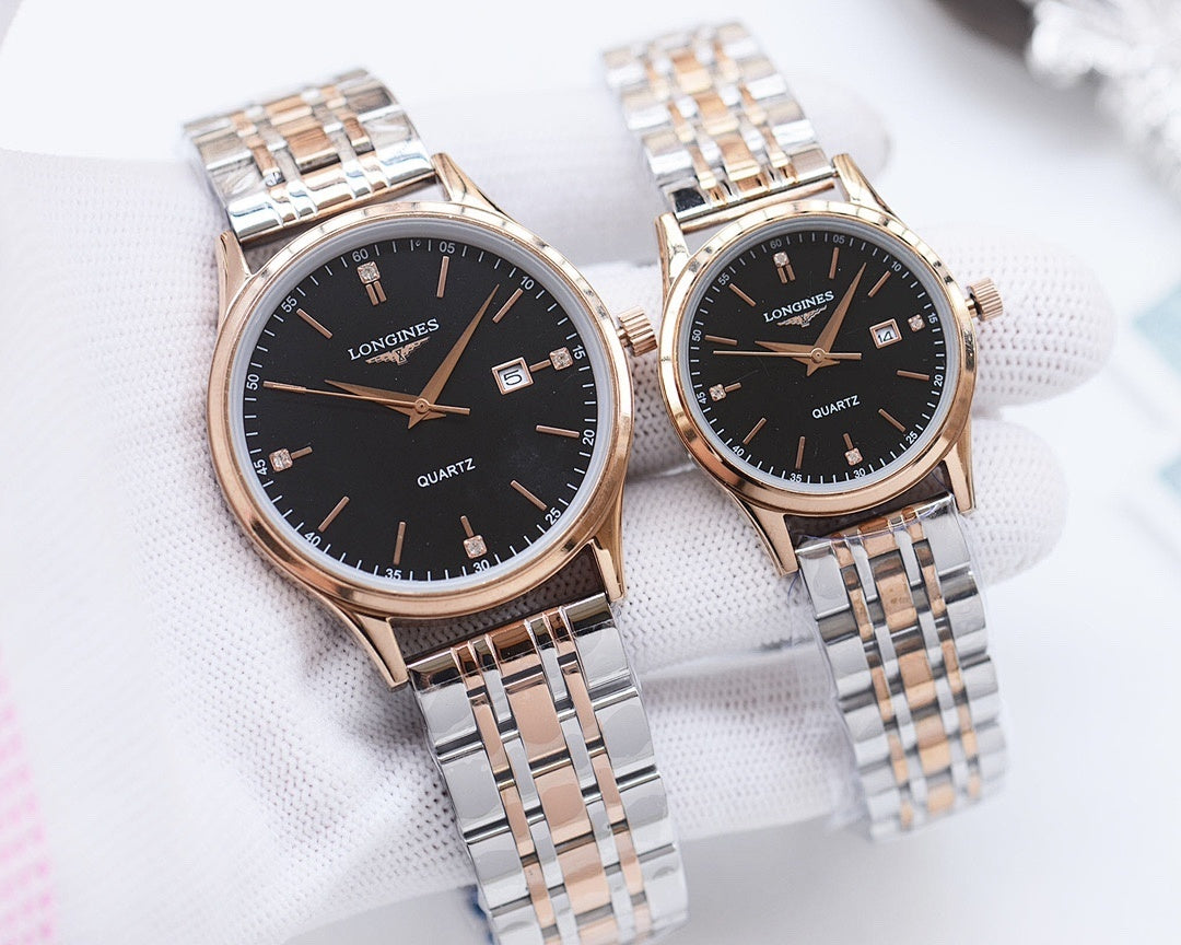 Longines quartz watch with black dial, silver-and-gold bracelet, two watches shown