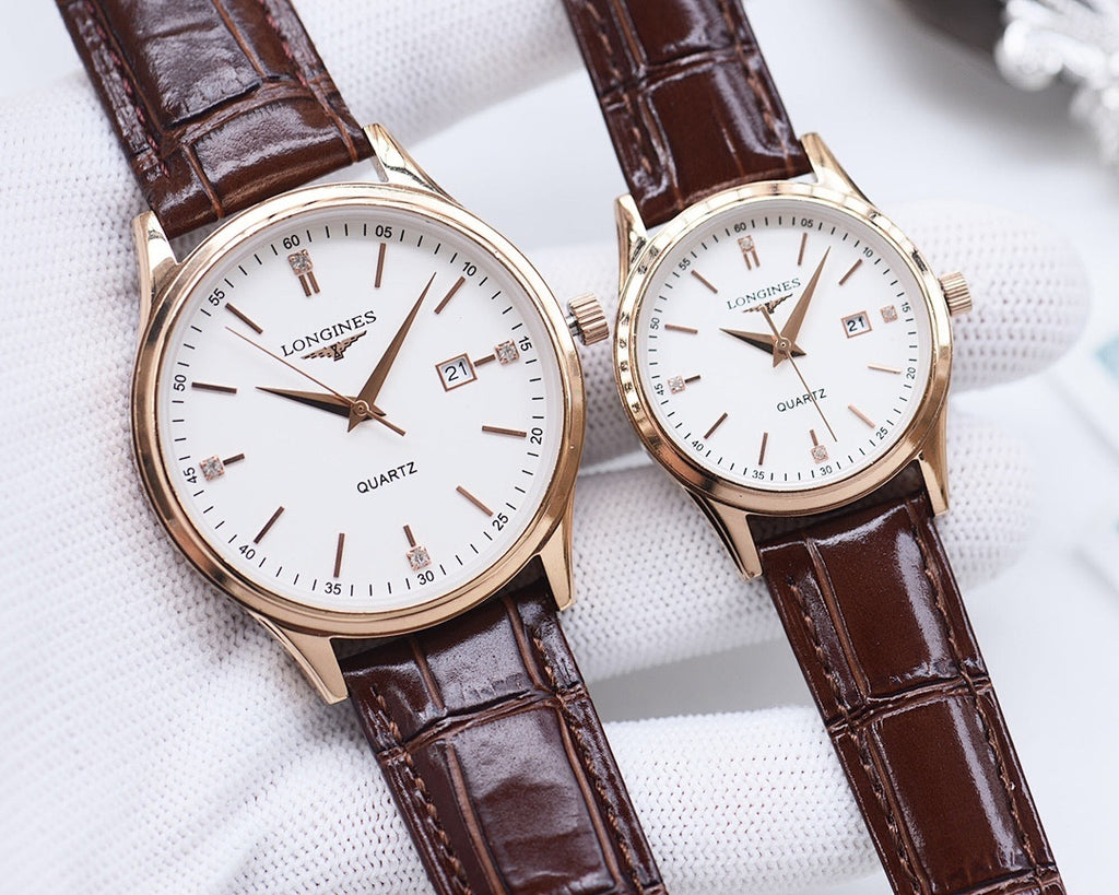 Longines quartz watch with brown leather strap, white dial, gold-tone case, date window