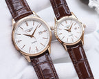 Longines quartz watch with brown leather strap, white dial, gold-tone case, date window