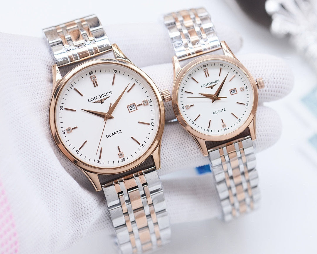 Longines quartz watch pair with silver bracelet, white dial, gold-tone cases, date window