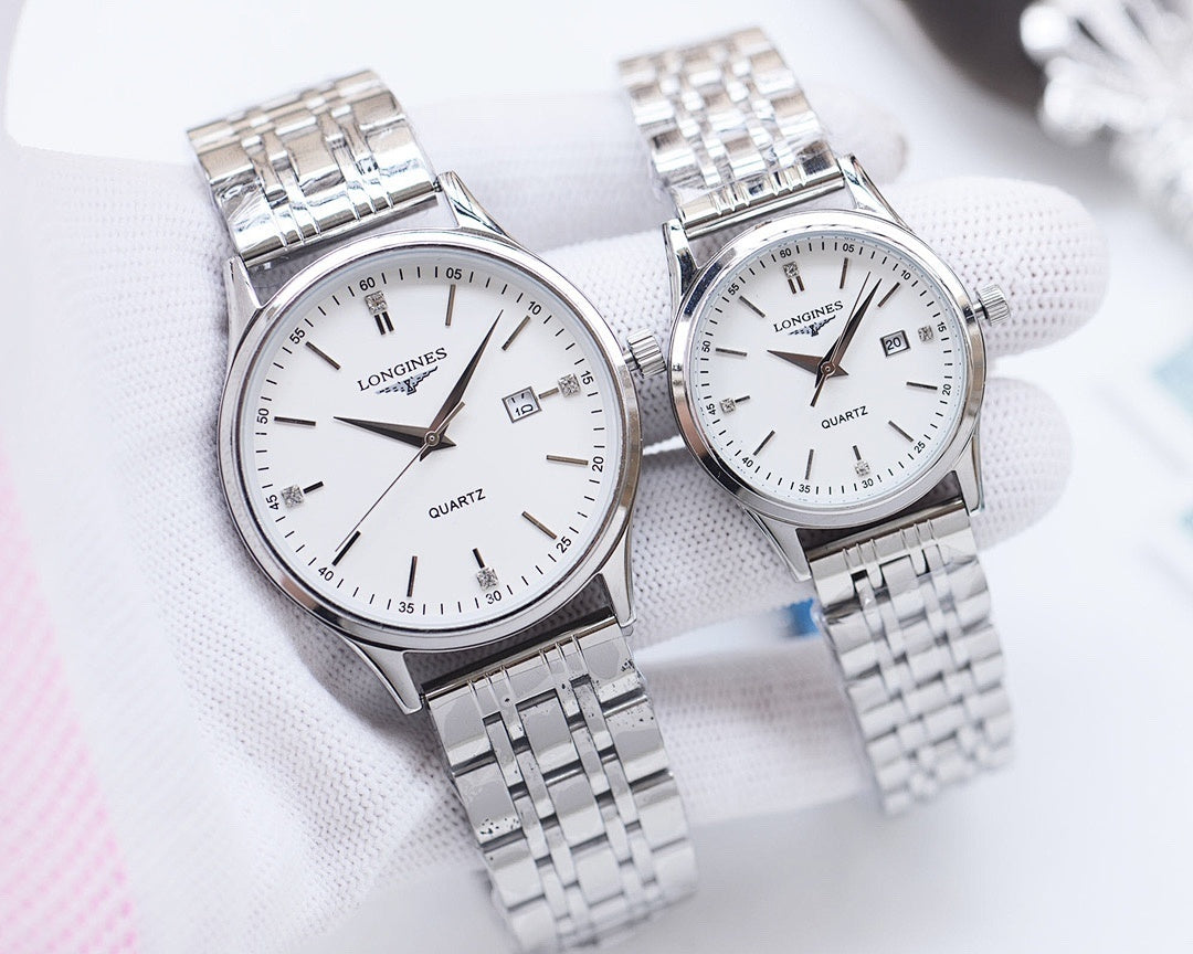Longines quartz watch with silver metal bracelet and white dial, two watches shown