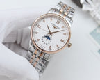 Longines watch with light dial, subdial at center, and stainless steel link bracelet