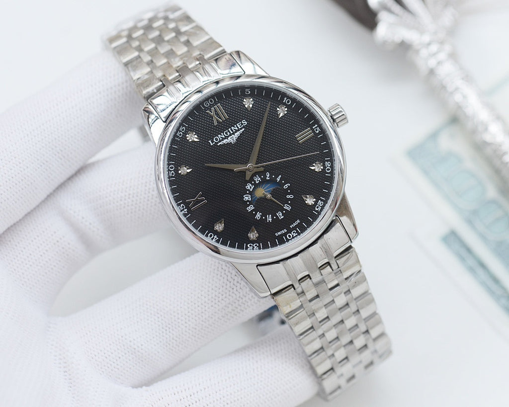 Longines watch with dark dial and stainless steel link bracelet, roman numerals and subdials