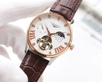 Longines wristwatch with rose-gold case, white dial, brown leather strap