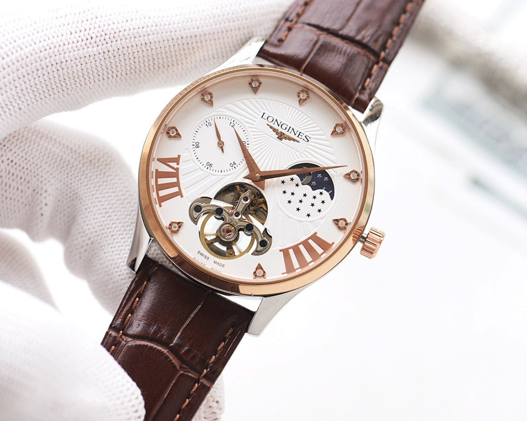Longines wristwatch with rose-gold case, white dial, brown leather strap
