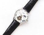 Longines wristwatch with silver case, white dial, black leather strap