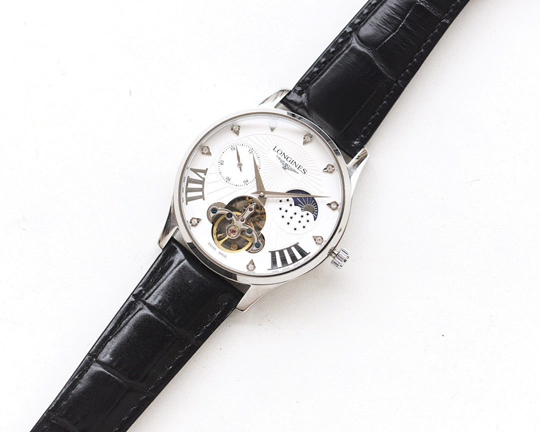 Longines wristwatch with silver case, white dial, black leather strap