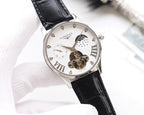 Longines wristwatch with silver case, white dial, black leather strap