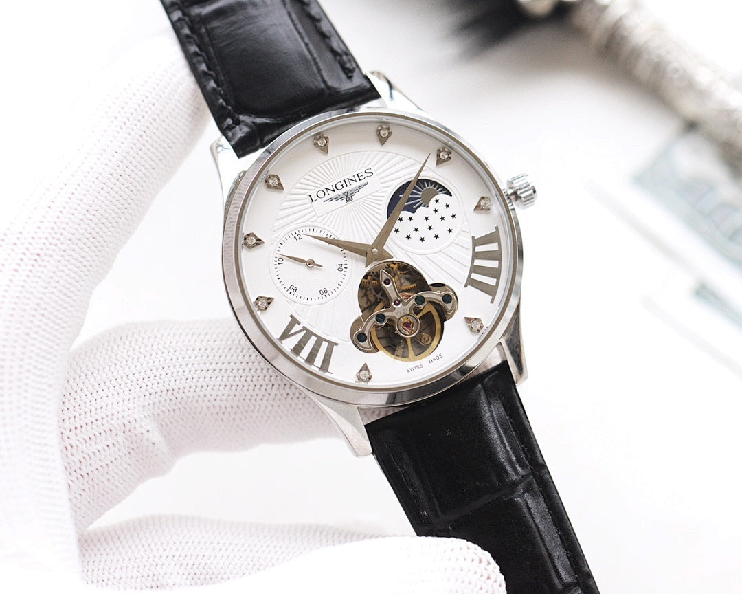 Longines wristwatch with silver case, white dial, black leather strap