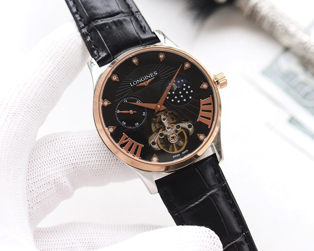 Longines wristwatch with rose-gold case, black dial, black leather strap