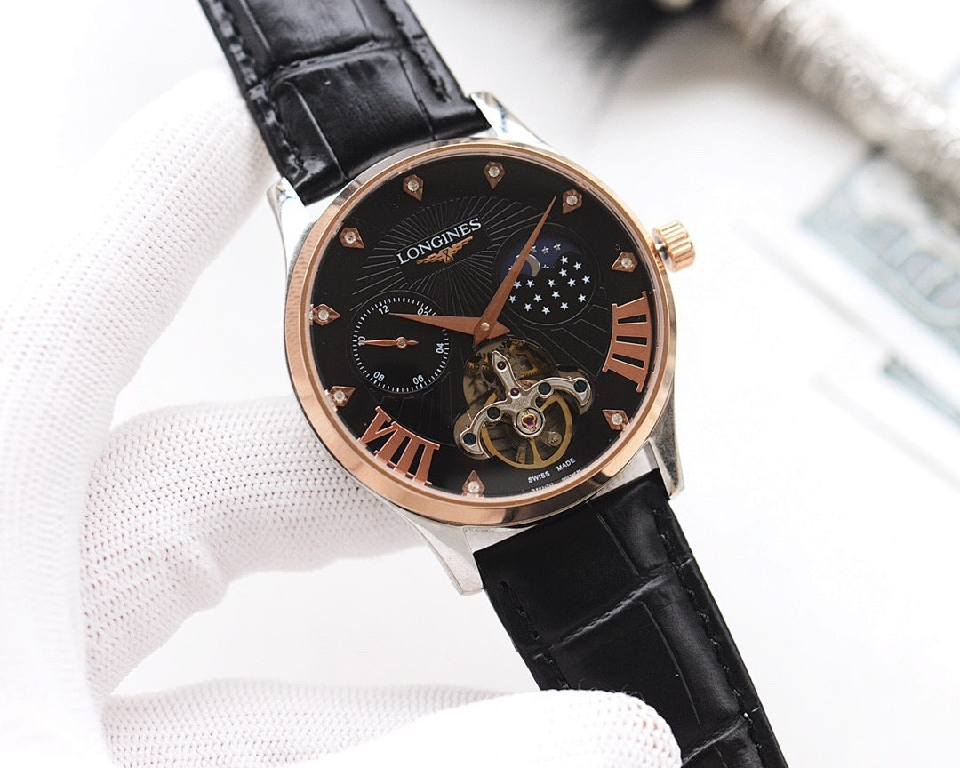 Longines wristwatch with rose-gold case, black dial, black leather strap
