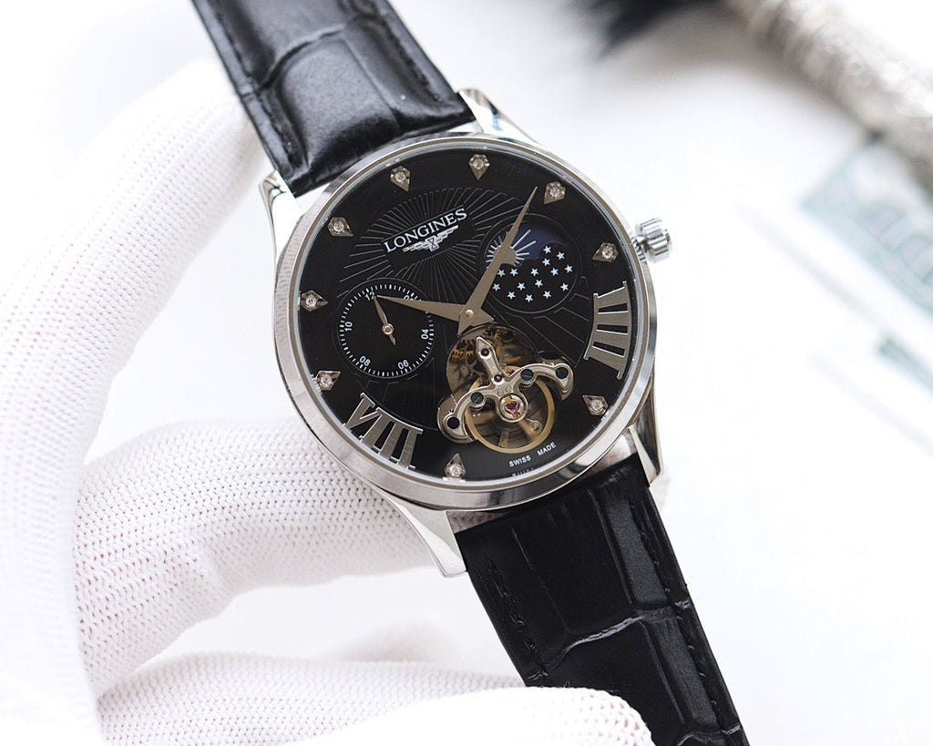 Longines wristwatch with silver case, black dial, black leather strap
