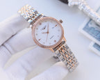 Longines watch with rose-gold bezel and two-tone metal bracelet; white dial, quartz hands
