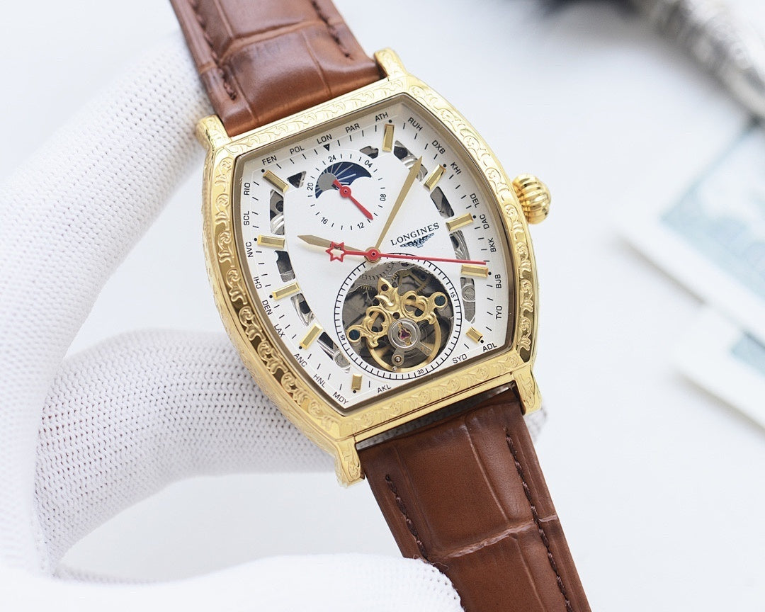 Longines watch with gold case, white dial, brown leather strap, openwork movement