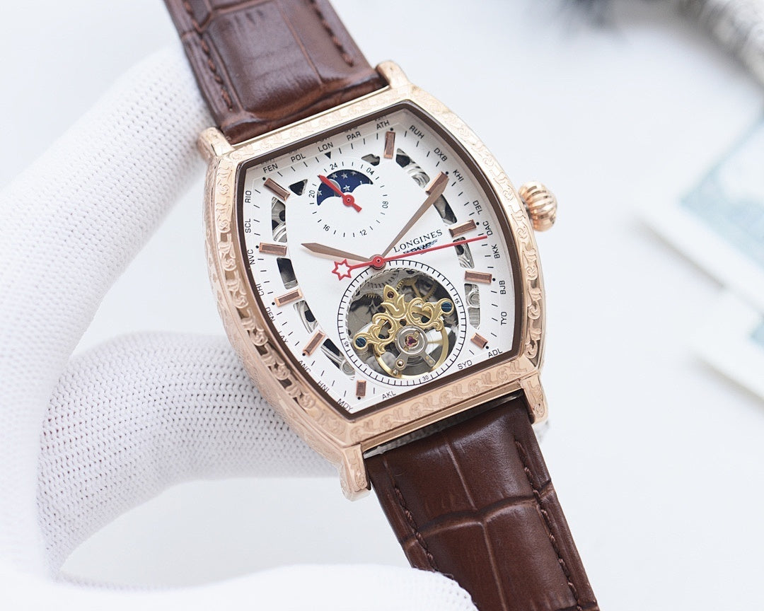 Longines watch with gold case, white dial, brown leather strap, openwork movement