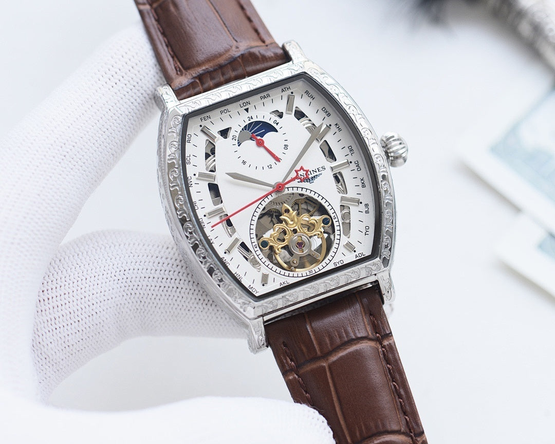Longines watch with silver case, white dial, brown leather strap, openwork movement