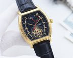 Longines watch with gold case, dark dial, black leather strap, skeleton movement view