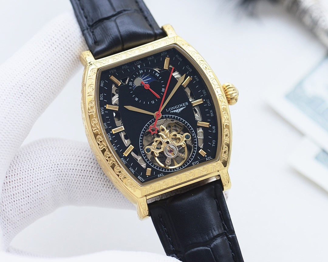 Longines watch with gold case, dark dial, black leather strap, skeleton movement view