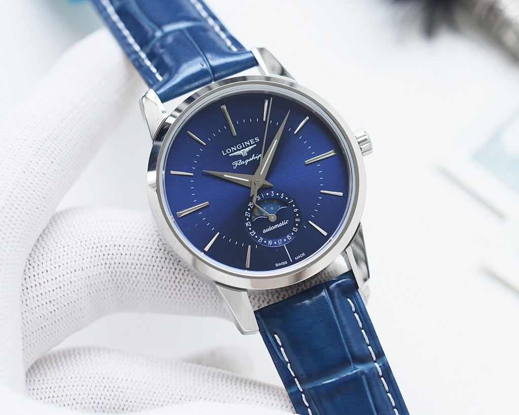 Analog watch with blue dial and blue leather strap, stainless steel round case