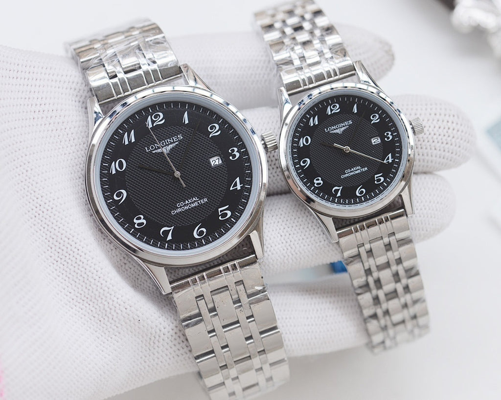 Longines watch pair, dark dials with silver cases and linked metal bracelets
