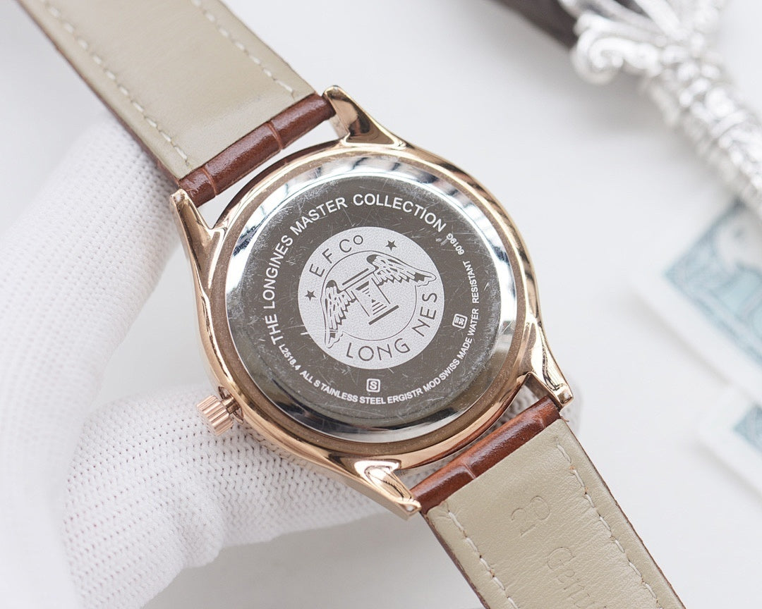 Longines watch case back with 'Master Collection' medallion on brown leather strap