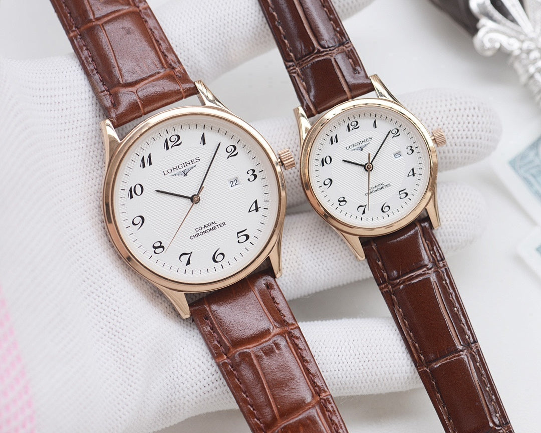 Longines watch pair, rose-gold cases with white dials and brown leather straps