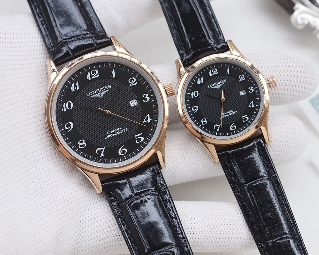 Longines watch pair, rose-gold cases with black dials and black leather straps
