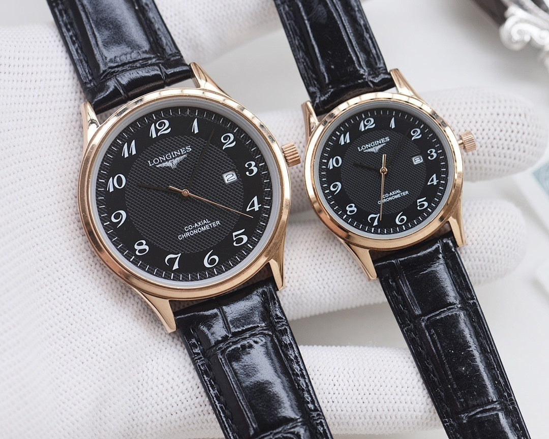 Longines watch pair, rose-gold cases with black dials and black leather straps