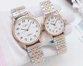 Longines watch pair, rose-gold case with white dial and linked metal bracelets