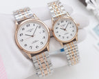 Longines watch pair, rose-gold case with white dial and linked metal bracelets
