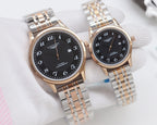 Longines watch pair, rose-gold cases with black dials and two-tone metal bracelets