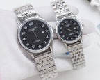 Longines watch pair, black dials with silver cases and stainless metal bracelets
