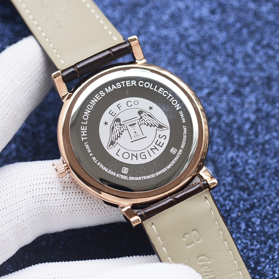 Longines watch case back, rose-gold tone with engraved bezel and light brown strap