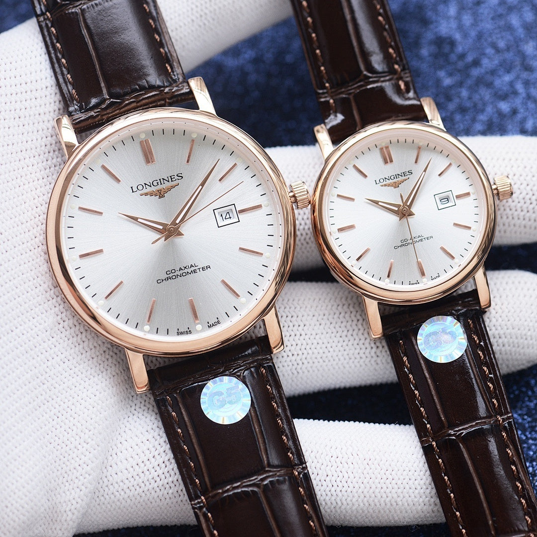 Longines watch pair with white dial, rose-gold cases, brown leather straps