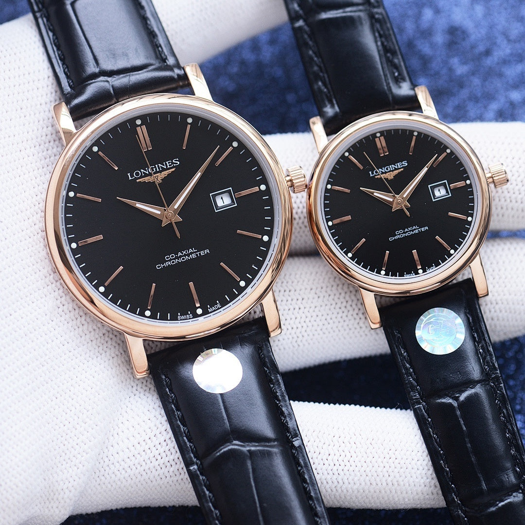 Longines watch pair with black dial, rose-gold cases, black leather straps