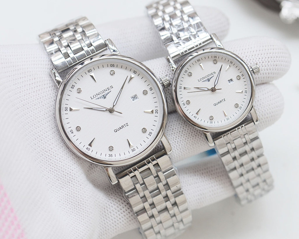 Longines quartz watch set with silver metal bracelets and white dials