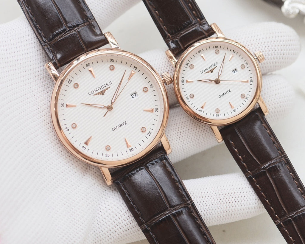Longines quartz watch set with rose-gold tone case and dark brown leather straps