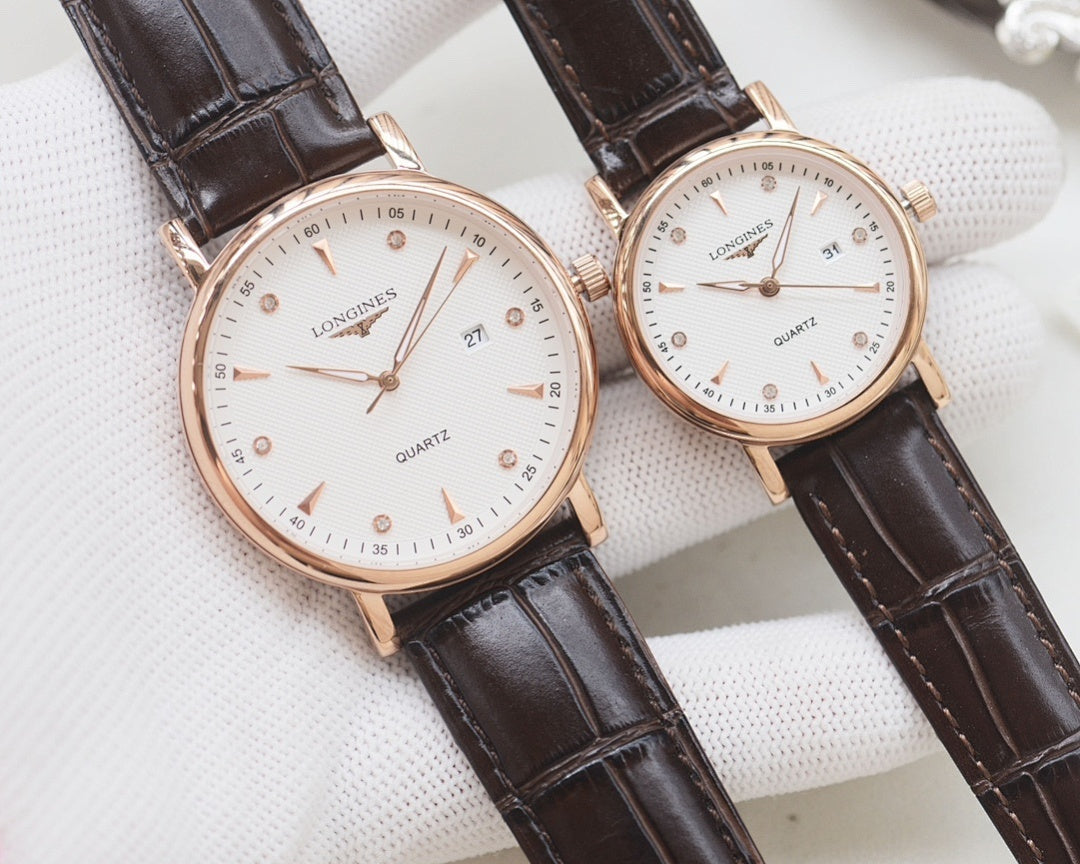 Longines quartz watch set with rose-gold tone case and dark brown leather straps