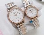 Longines quartz watch set with rose-gold tone cases and two-tone metal bracelets