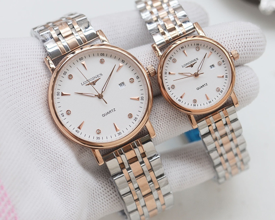 Longines quartz watch set with rose-gold tone cases and two-tone metal bracelets