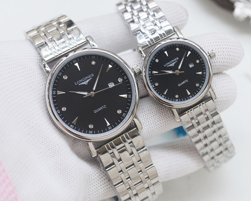 Longines quartz watch set with silver metal bracelets and black dials