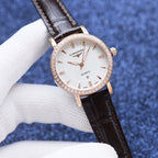 Longines quartz wristwatch with white dial and dark brown leather strap
