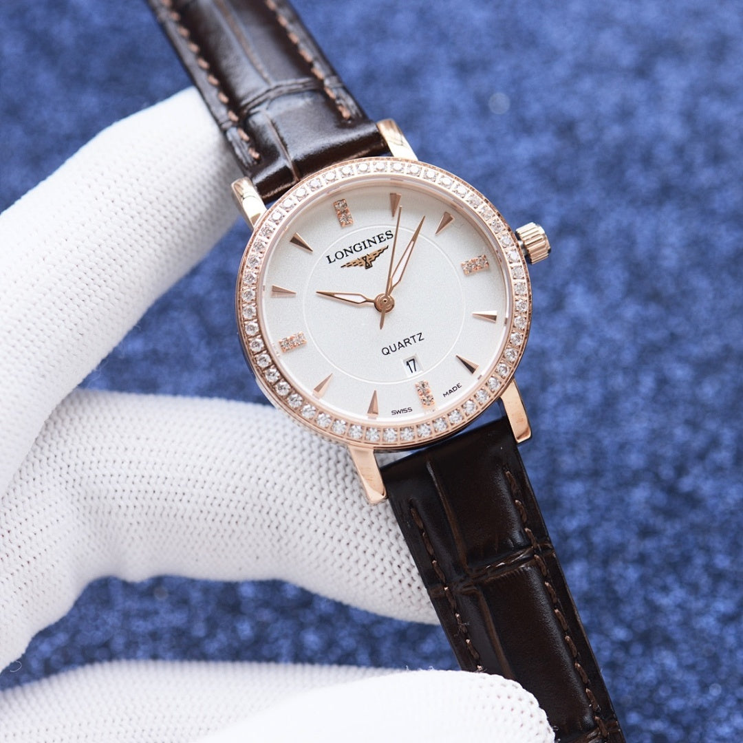 Longines quartz wristwatch with white dial and dark brown leather strap