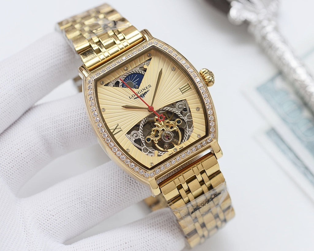 Gold-tone square wristwatch with cream dial, skeleton movement, and diamond-like bezel