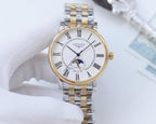 Two-tone Longines wristwatch with white dial, Roman numerals, and metal link bracelet
