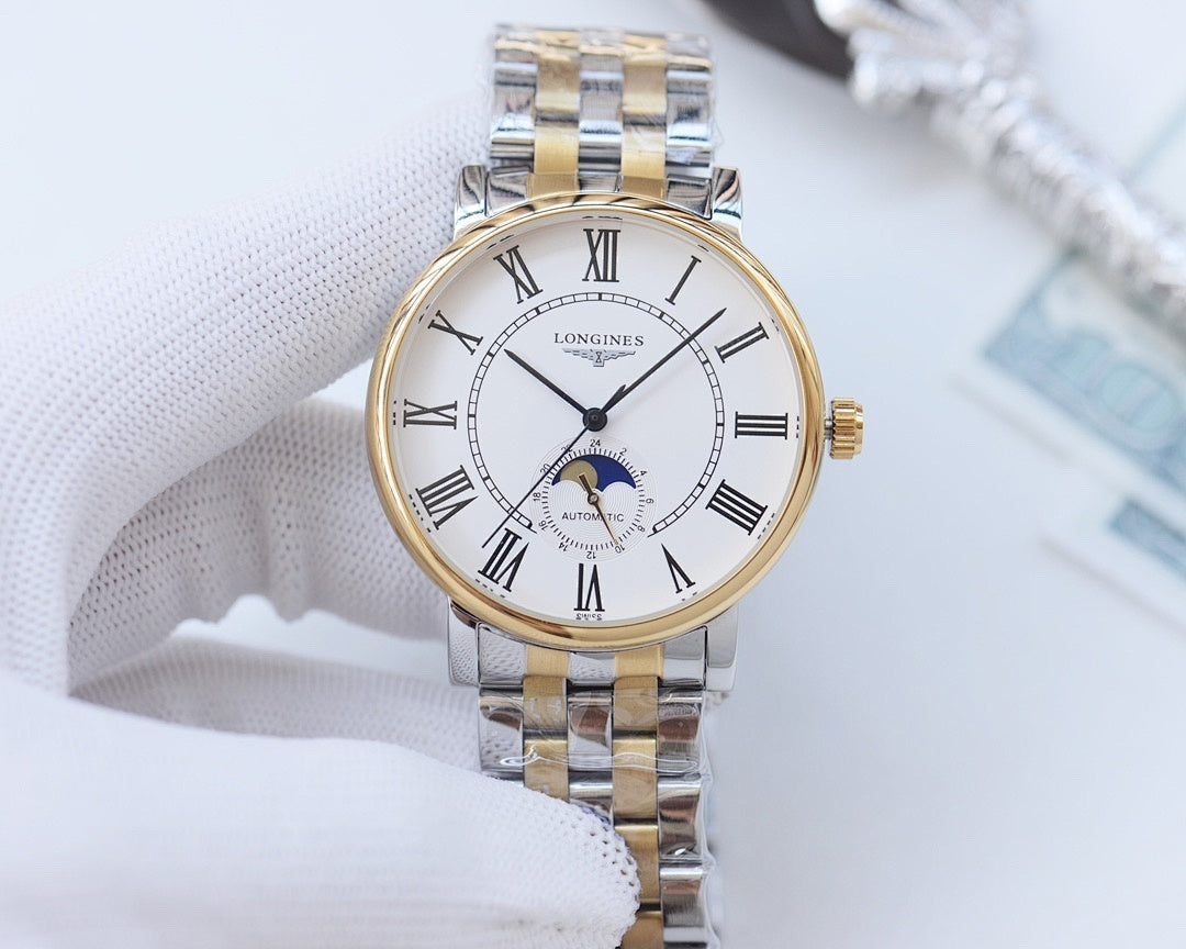 Two-tone Longines wristwatch with white dial, Roman numerals, and metal link bracelet