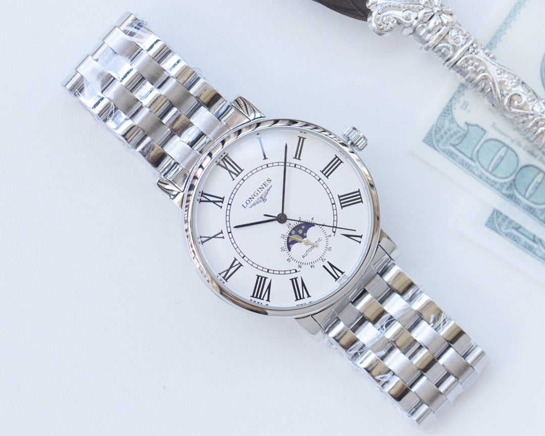 Longines wristwatch angled view with silver metal bracelet and white Roman numeral dial